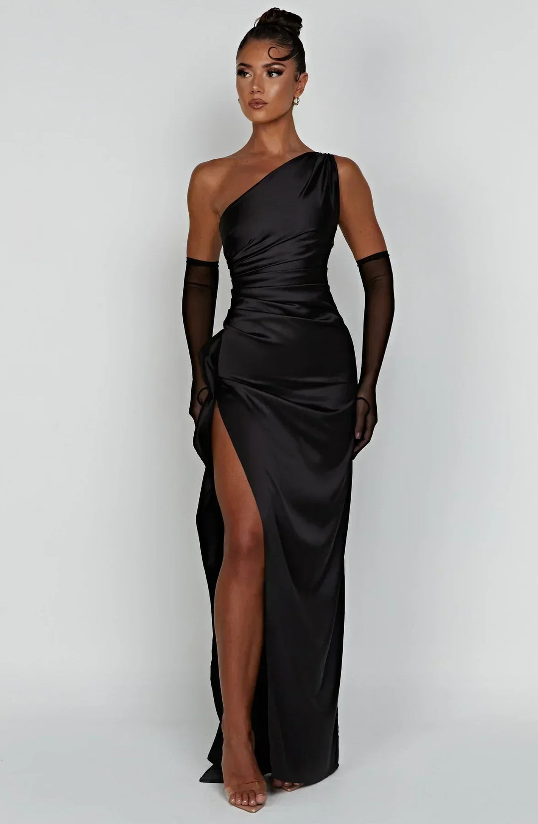 Stylish Satin Dress with Pleats and Shoulder Detail - Selene-Red-XS-Nora Luxe
