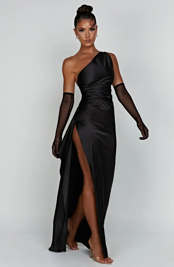 Stylish Satin Dress with Pleats and Shoulder Detail - Selene-Red-XS-Nora Luxe