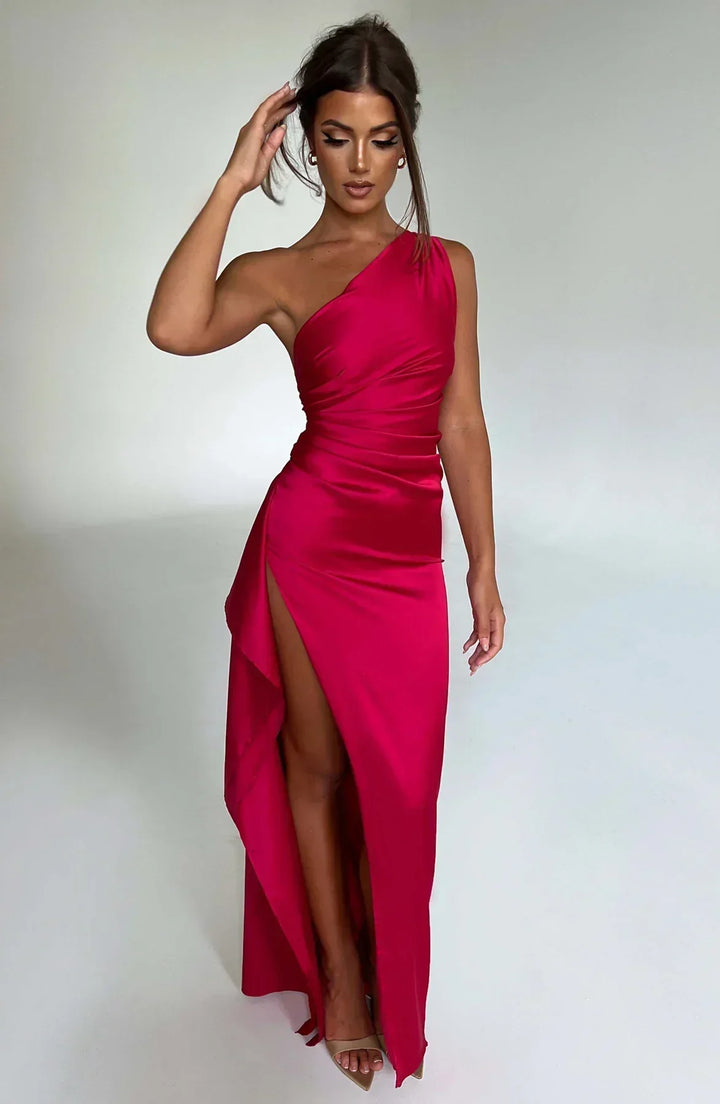 Stylish Satin Dress with Pleats and Shoulder Detail - Selene-Red-XS-Nora Luxe