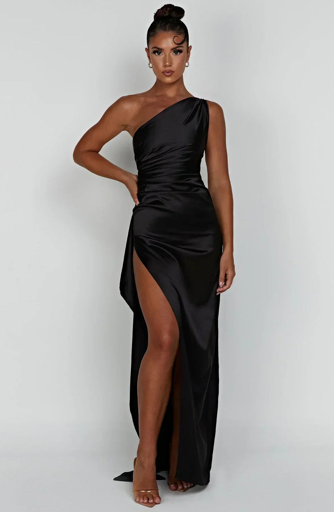 Stylish Satin Dress with Pleats and Shoulder Detail - Selene-Red-XS-Nora Luxe