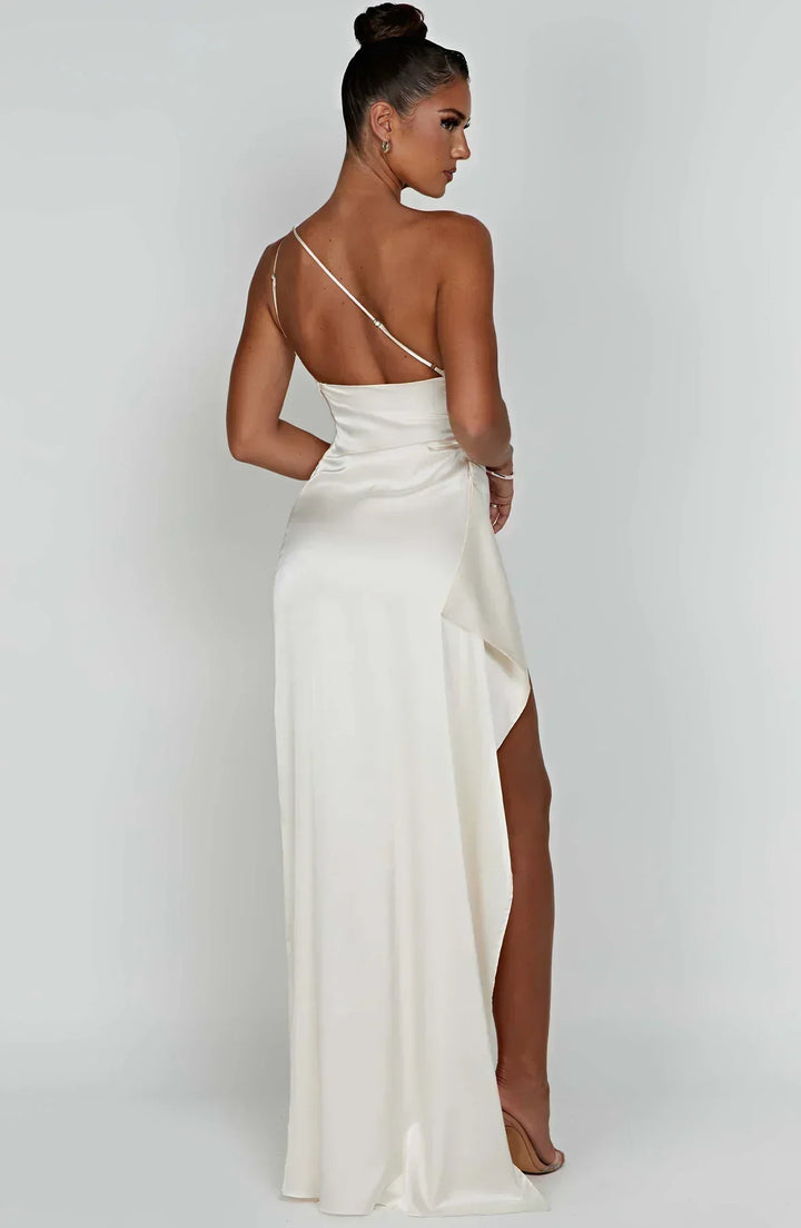 Stylish Satin Dress with Pleats and Shoulder Detail - Selene-Red-XS-Nora Luxe