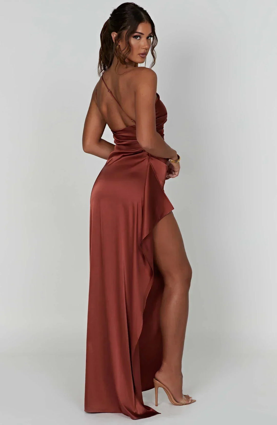 Stylish Satin Dress with Pleats and Shoulder Detail - Selene-Red-XS-Nora Luxe