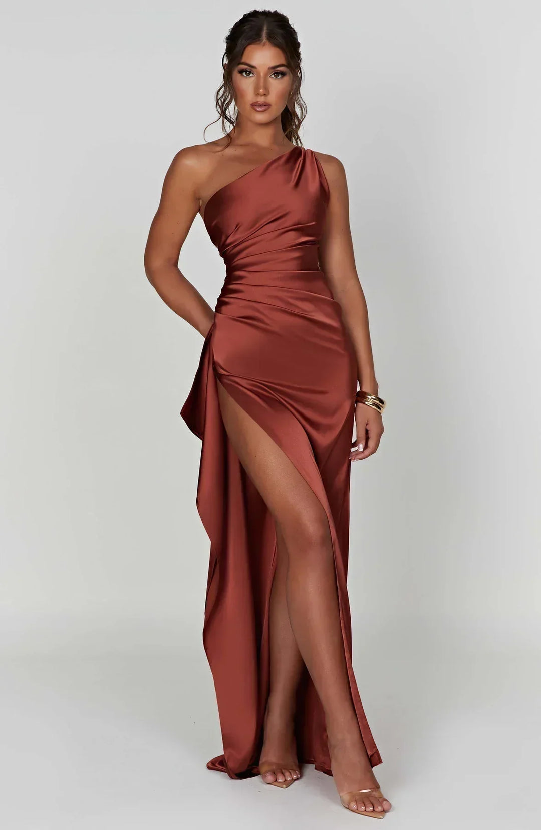 Stylish Satin Dress with Pleats and Shoulder Detail - Selene-Red-XS-Nora Luxe