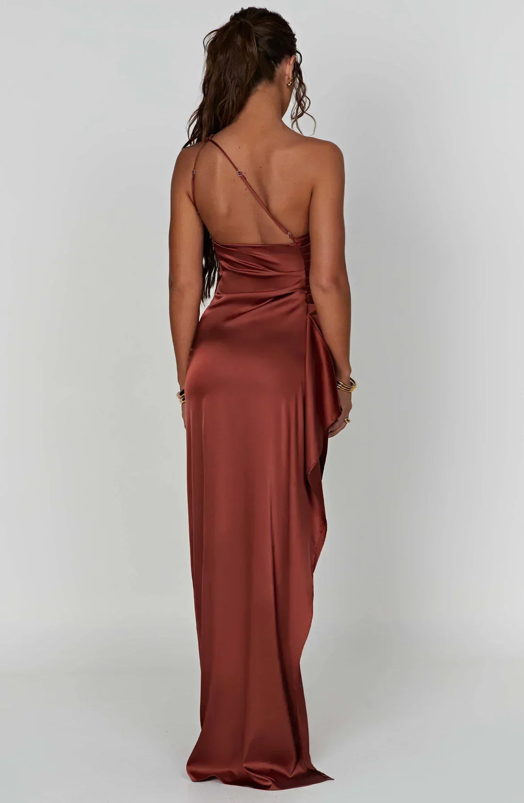 Stylish Satin Dress with Pleats and Shoulder Detail - Selene-Red-XS-Nora Luxe