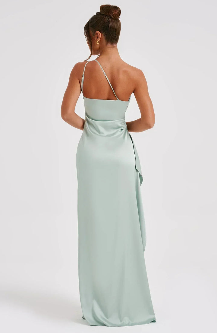 Stylish Satin Dress with Pleats and Shoulder Detail - Selene-Red-XS-Nora Luxe