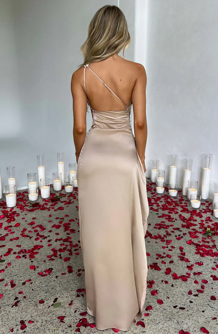 Stylish Satin Dress with Pleats and Shoulder Detail - Selene-Red-XS-Nora Luxe