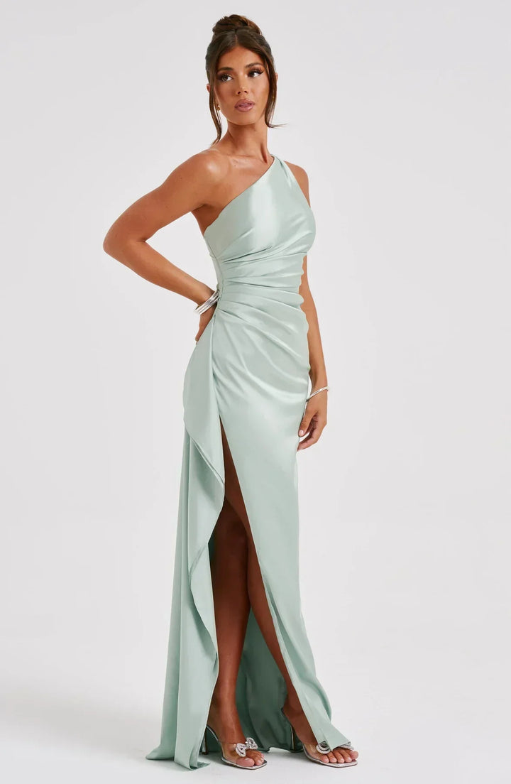 Stylish Satin Dress with Pleats and Shoulder Detail - Selene-Red-XS-Nora Luxe