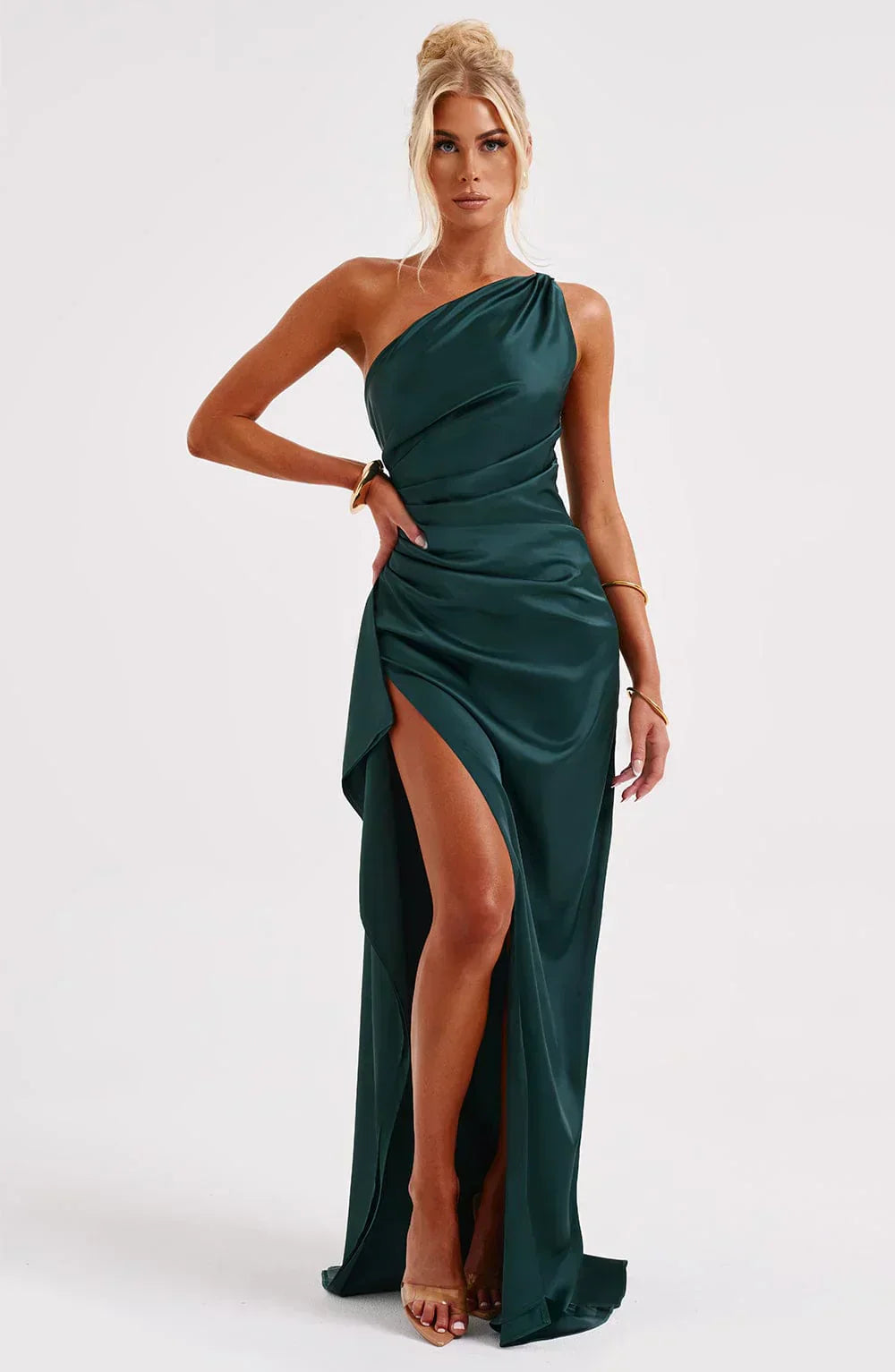 Stylish Satin Dress with Pleats and Shoulder Detail - Selene-Red-XS-Nora Luxe