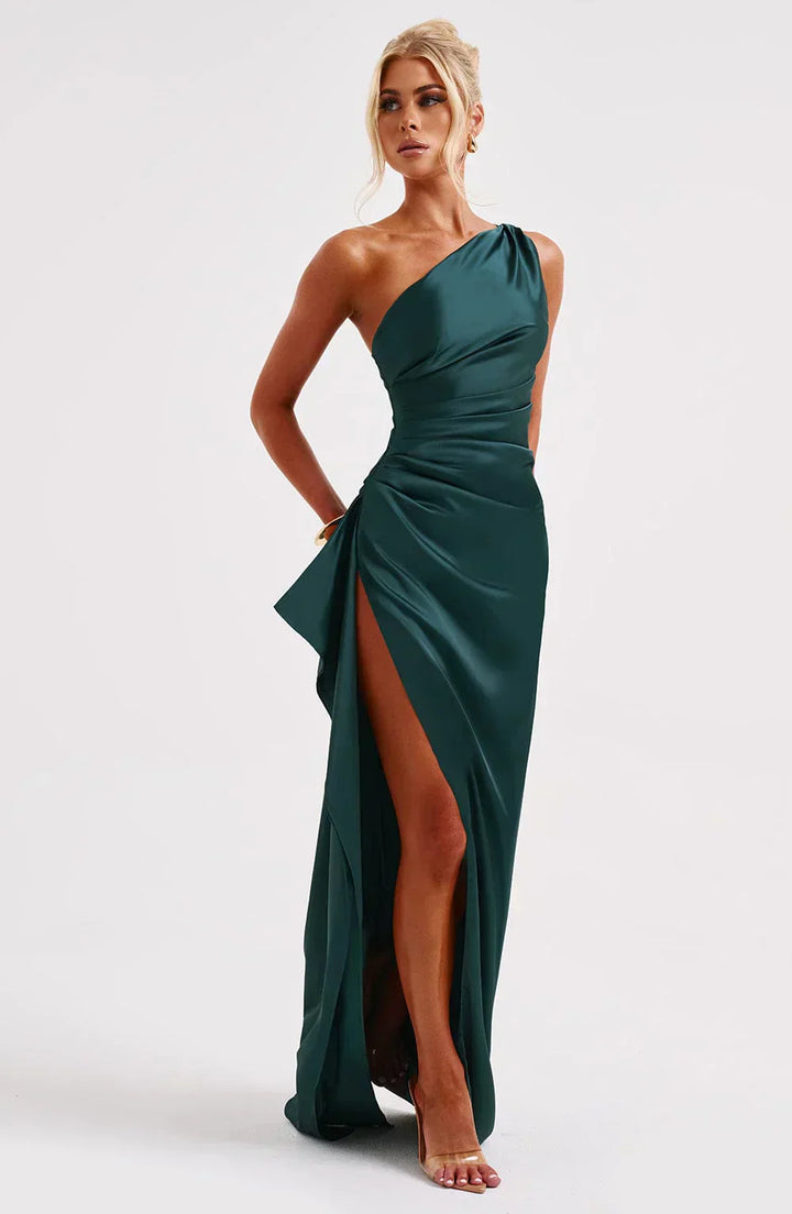 Stylish Satin Dress with Pleats and Shoulder Detail - Selene-Red-XS-Nora Luxe