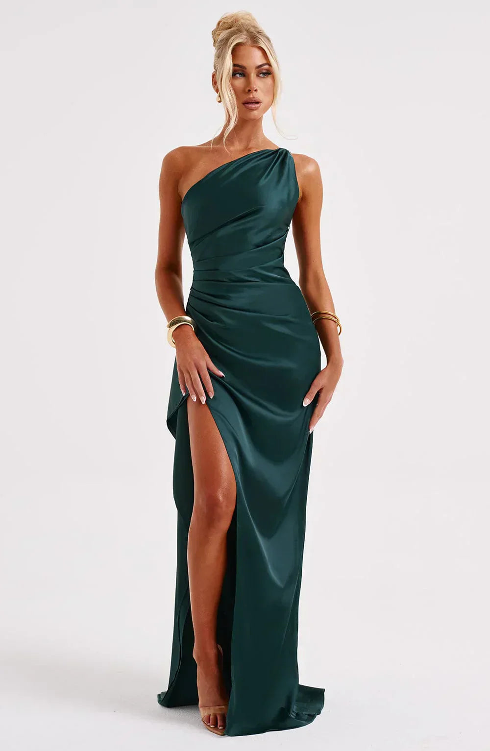 Stylish Satin Dress with Pleats and Shoulder Detail - Selene-Red-XS-Nora Luxe