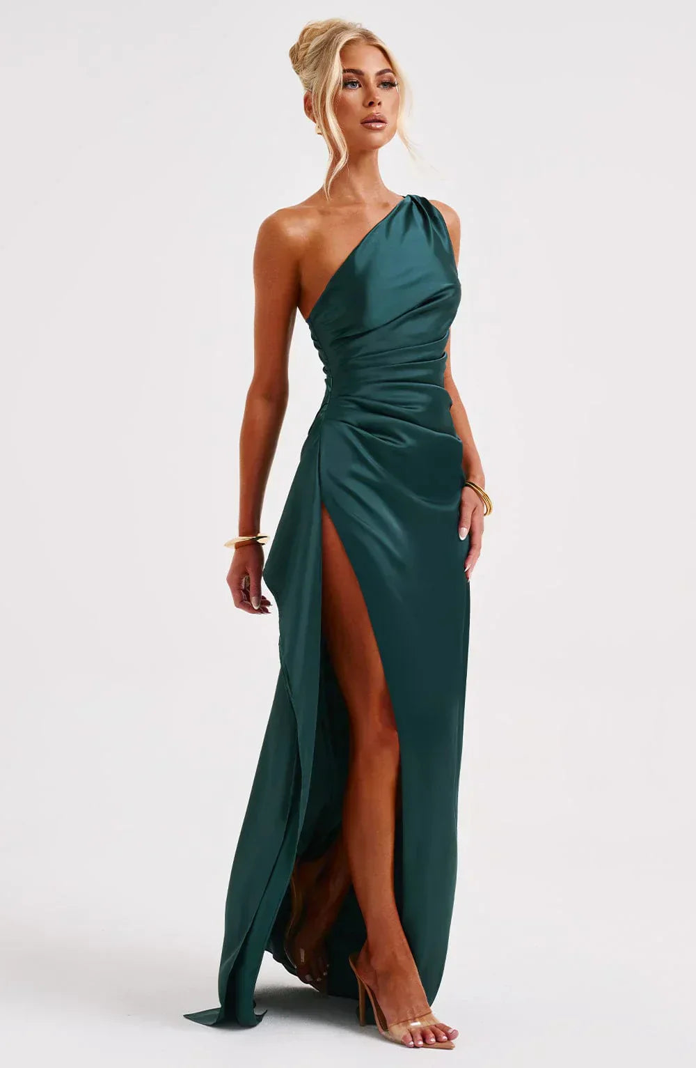Stylish Satin Dress with Pleats and Shoulder Detail - Selene-Red-XS-Nora Luxe