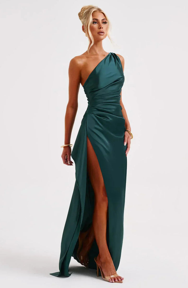 Stylish Satin Dress with Pleats and Shoulder Detail - Selene-Red-XS-Nora Luxe