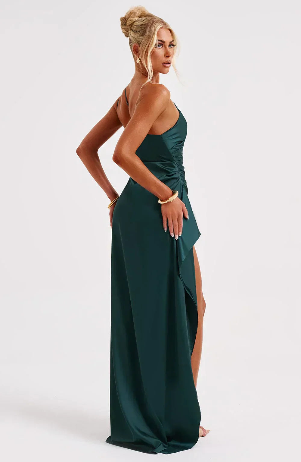Stylish Satin Dress with Pleats and Shoulder Detail - Selene-Red-XS-Nora Luxe