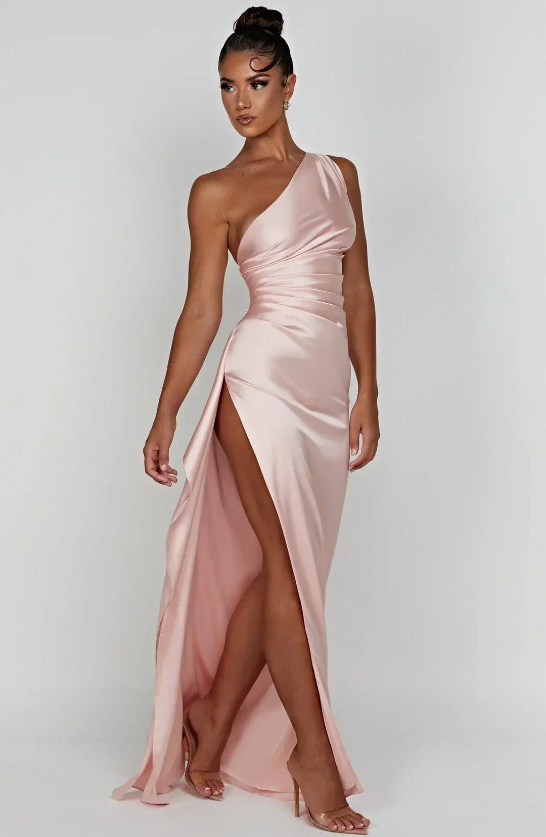 Stylish Satin Dress with Pleats and Shoulder Detail - Selene-Red-XS-Nora Luxe