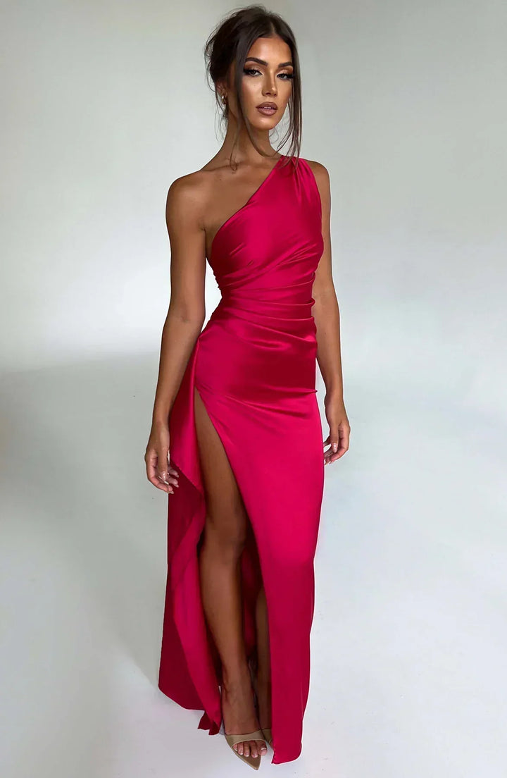 Stylish Satin Dress with Pleats and Shoulder Detail - Selene-Red-XS-Nora Luxe