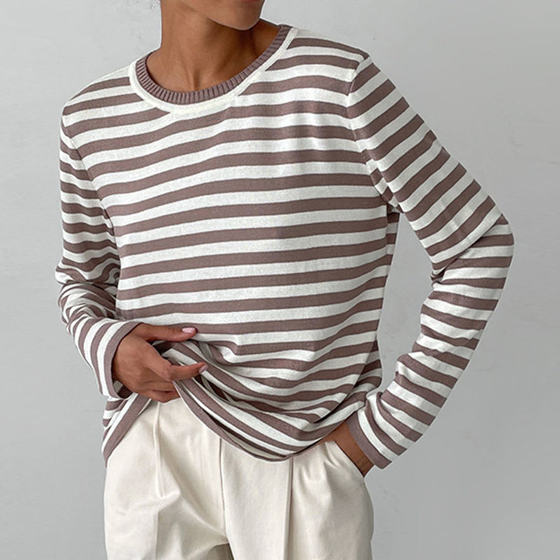 Stylish Striped T-Shirt Made of Lightweight Fabric - StreifenLeicht-Caramel-S-Nora Luxe