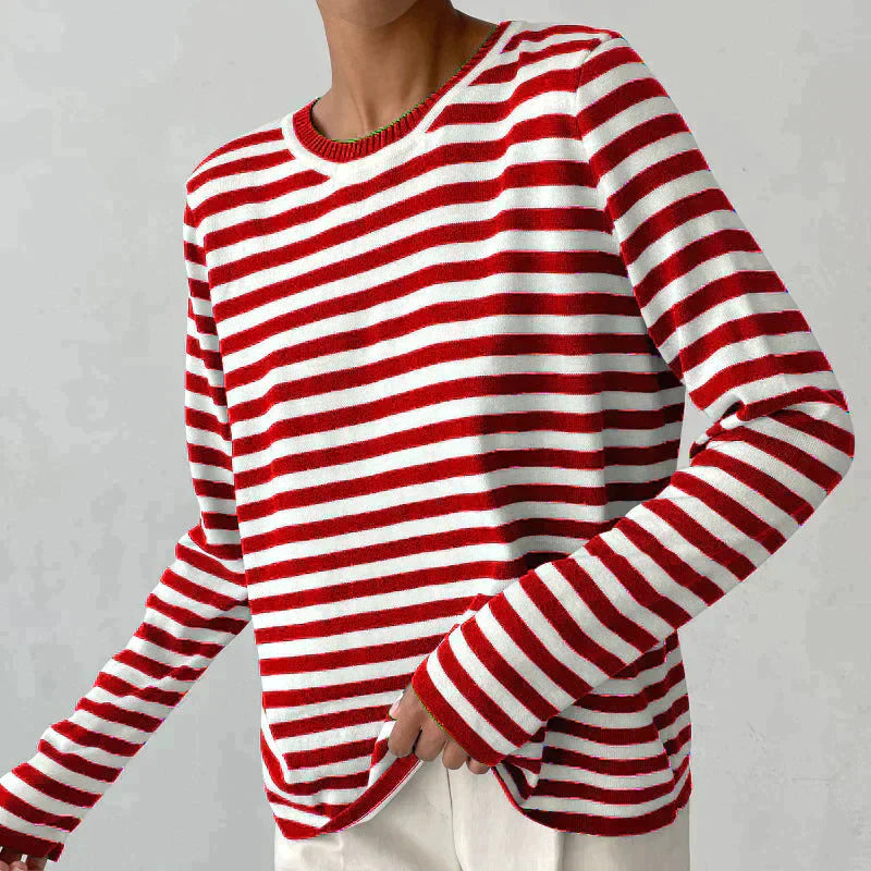 Stylish Striped T-Shirt Made of Lightweight Fabric - StreifenLeicht-Cardinal red-S-Nora Luxe