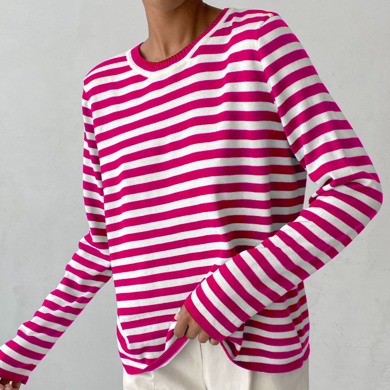 Stylish Striped T-Shirt Made of Lightweight Fabric - StreifenLeicht-Coral Red-S-Nora Luxe