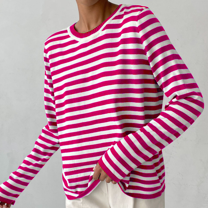 Stylish Striped T-Shirt Made of Lightweight Fabric - StreifenLeicht-Coral Red-S-Nora Luxe