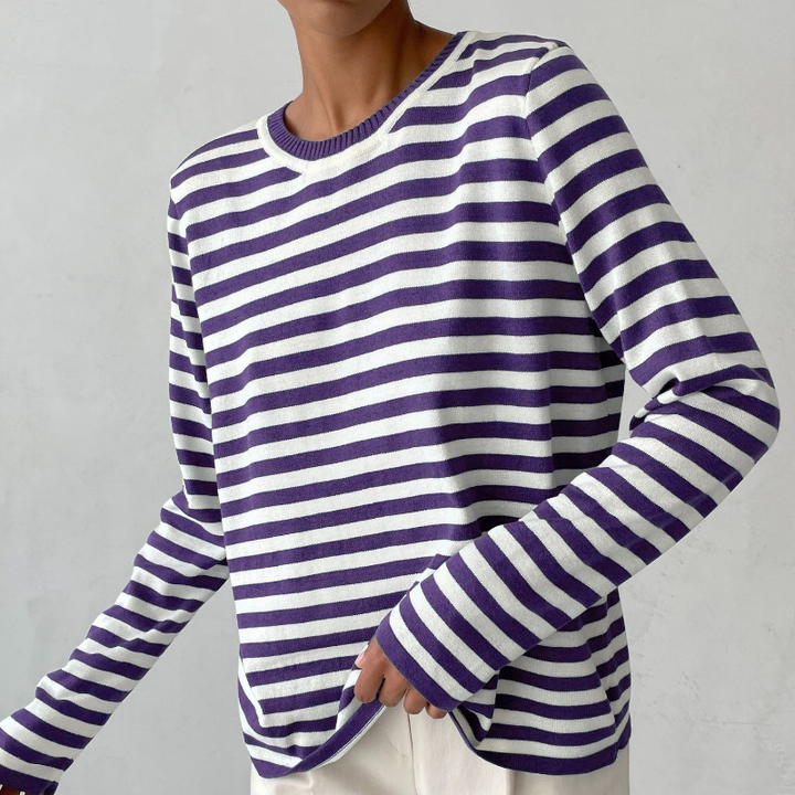 Stylish Striped T-Shirt Made of Lightweight Fabric - StreifenLeicht-Royal Purple-S-Nora Luxe