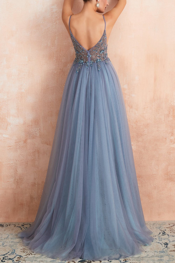Stylish Tulle Evening Dress with V-Neck and Split - Elena-Light blue-0-Nora Luxe