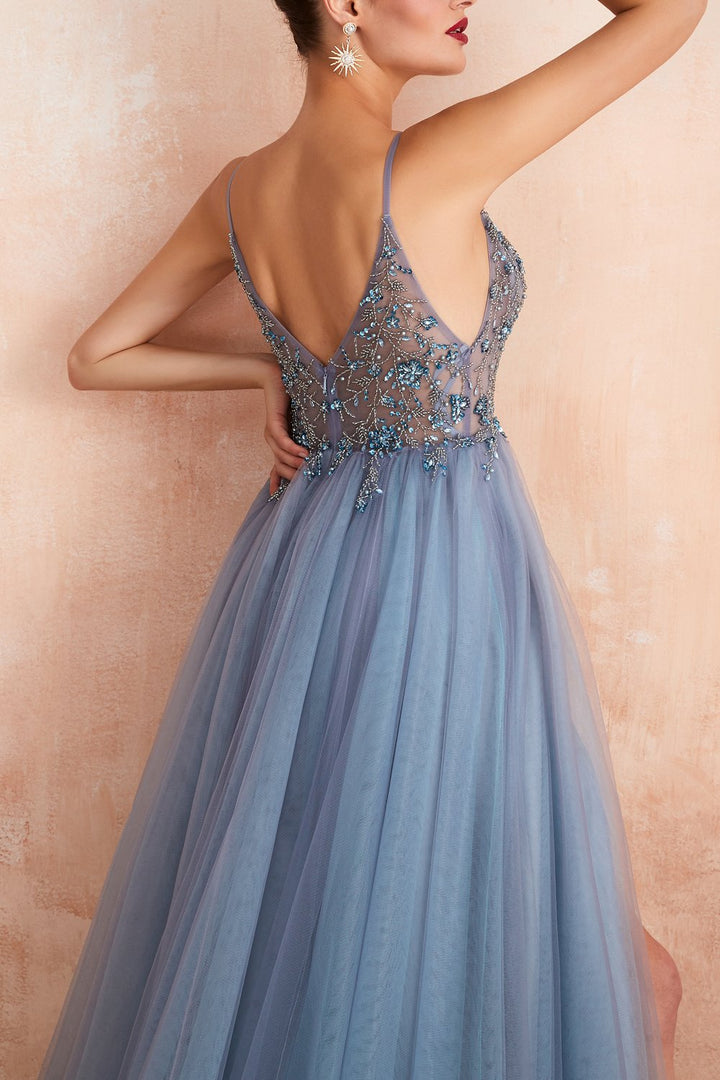 Stylish Tulle Evening Dress with V-Neck and Split - Elena-Light blue-0-Nora Luxe