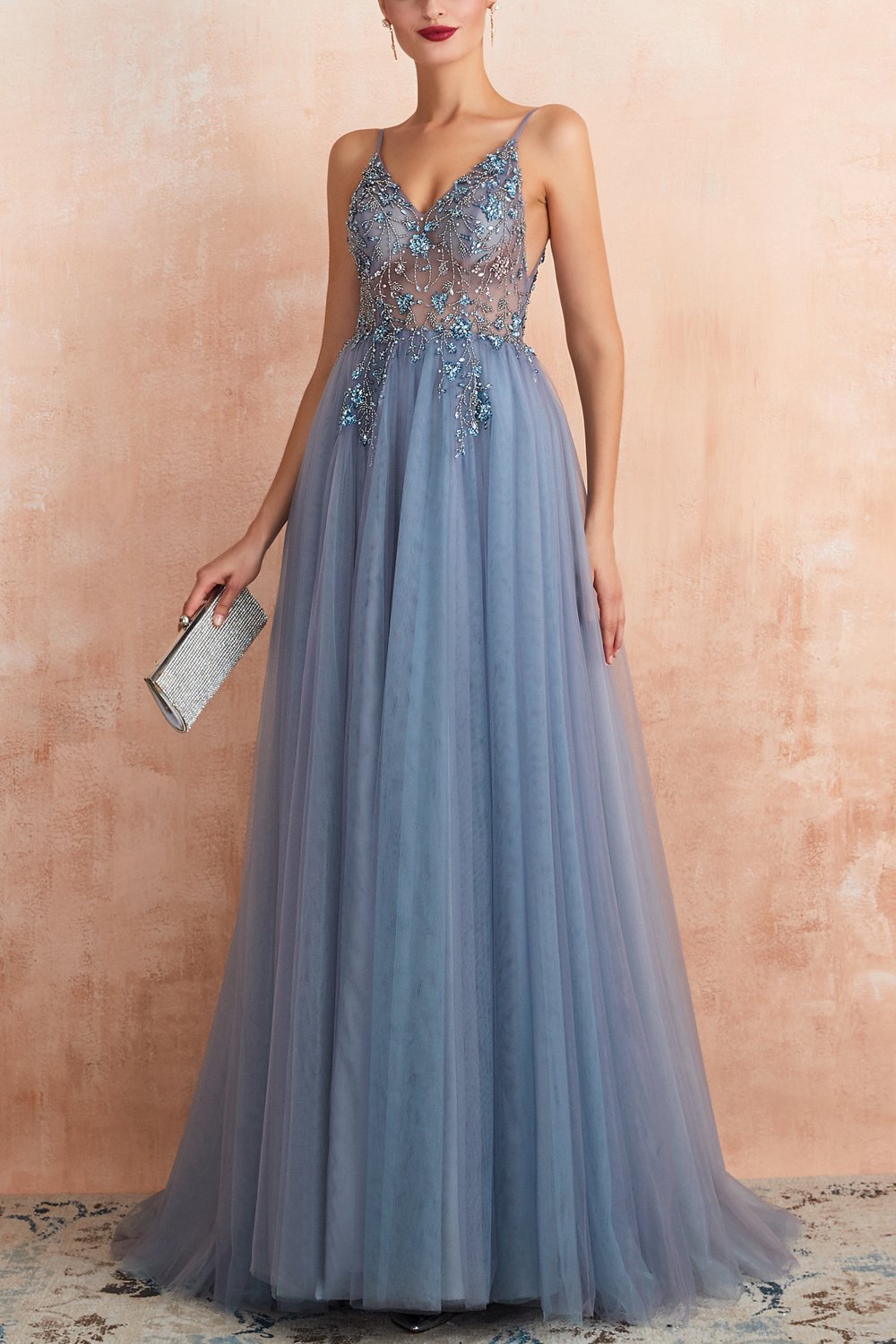 Stylish Tulle Evening Dress with V-Neck and Split - Elena-Light blue-0-Nora Luxe