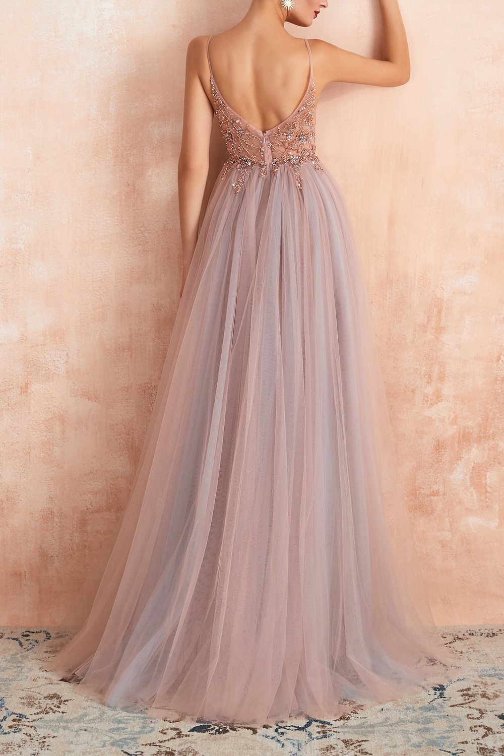 Stylish Tulle Evening Dress with V-Neck and Split - Elena-Light blue-0-Nora Luxe