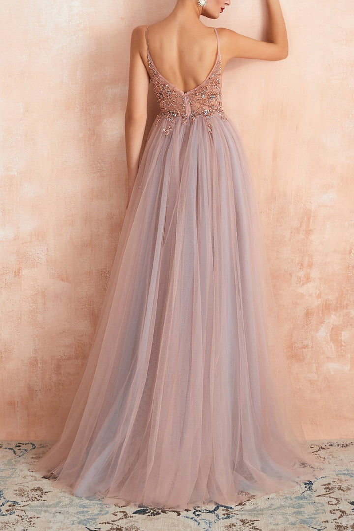 Stylish Tulle Evening Dress with V-Neck and Split - Elena-Light blue-0-Nora Luxe