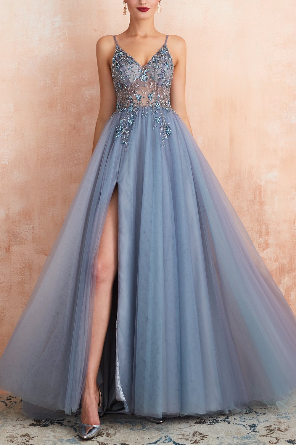 Stylish Tulle Evening Dress with V-Neck and Split - Elena-Light blue-0-Nora Luxe