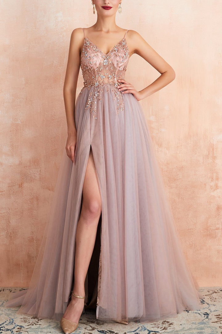 Stylish Tulle Evening Dress with V-Neck and Split - Elena-Pink-0-Nora Luxe