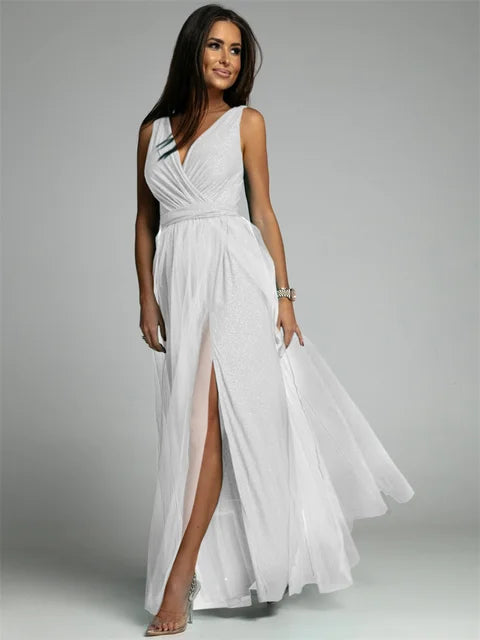 Stylish V-Neck Dress - Mindy-White-S-Nora Luxe