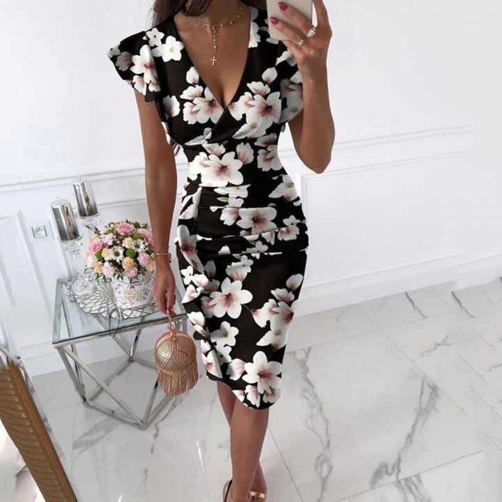 Stylish V-Neck Dress with Pleated Sleeves - Maud-Black and white-S-Nora Luxe