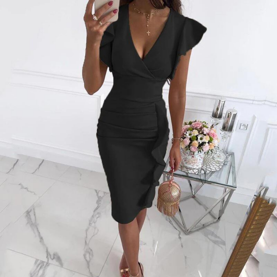 Stylish V-Neck Dress with Pleated Sleeves - Maud-Black-S-Nora Luxe