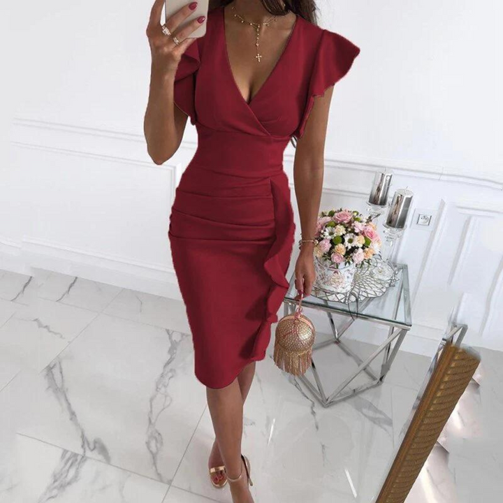 Stylish V-Neck Dress with Pleated Sleeves - Maud-Dark red-S-Nora Luxe
