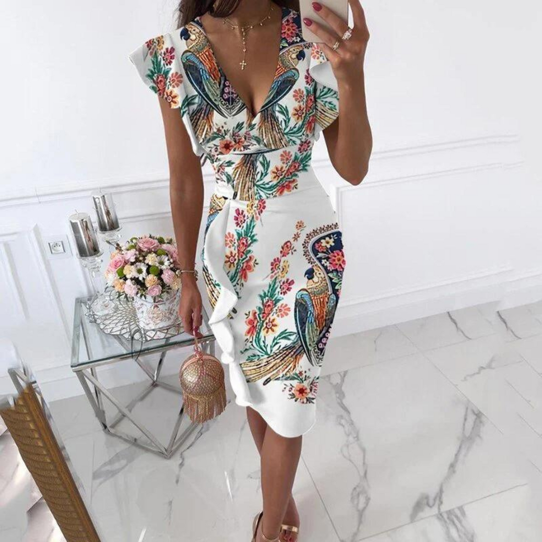 Stylish V-Neck Dress with Pleated Sleeves - Maud-White blue-S-Nora Luxe