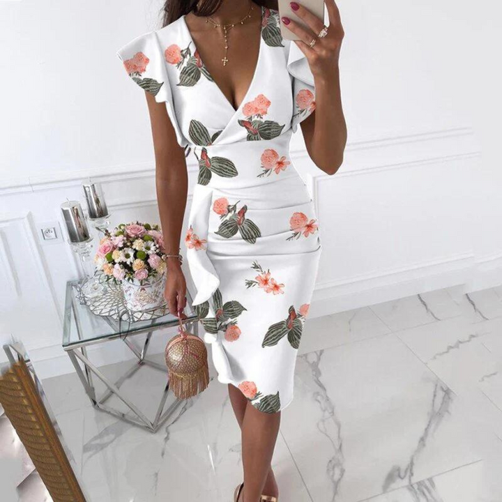 Stylish V-Neck Dress with Pleated Sleeves - Maud-White orange-S-Nora Luxe
