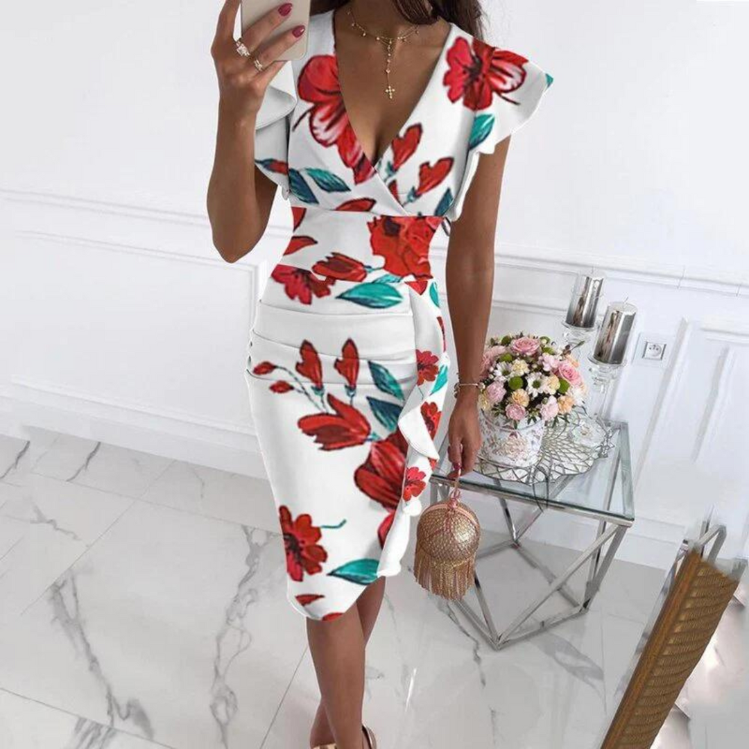 Stylish V-Neck Dress with Pleated Sleeves - Maud-White red-S-Nora Luxe