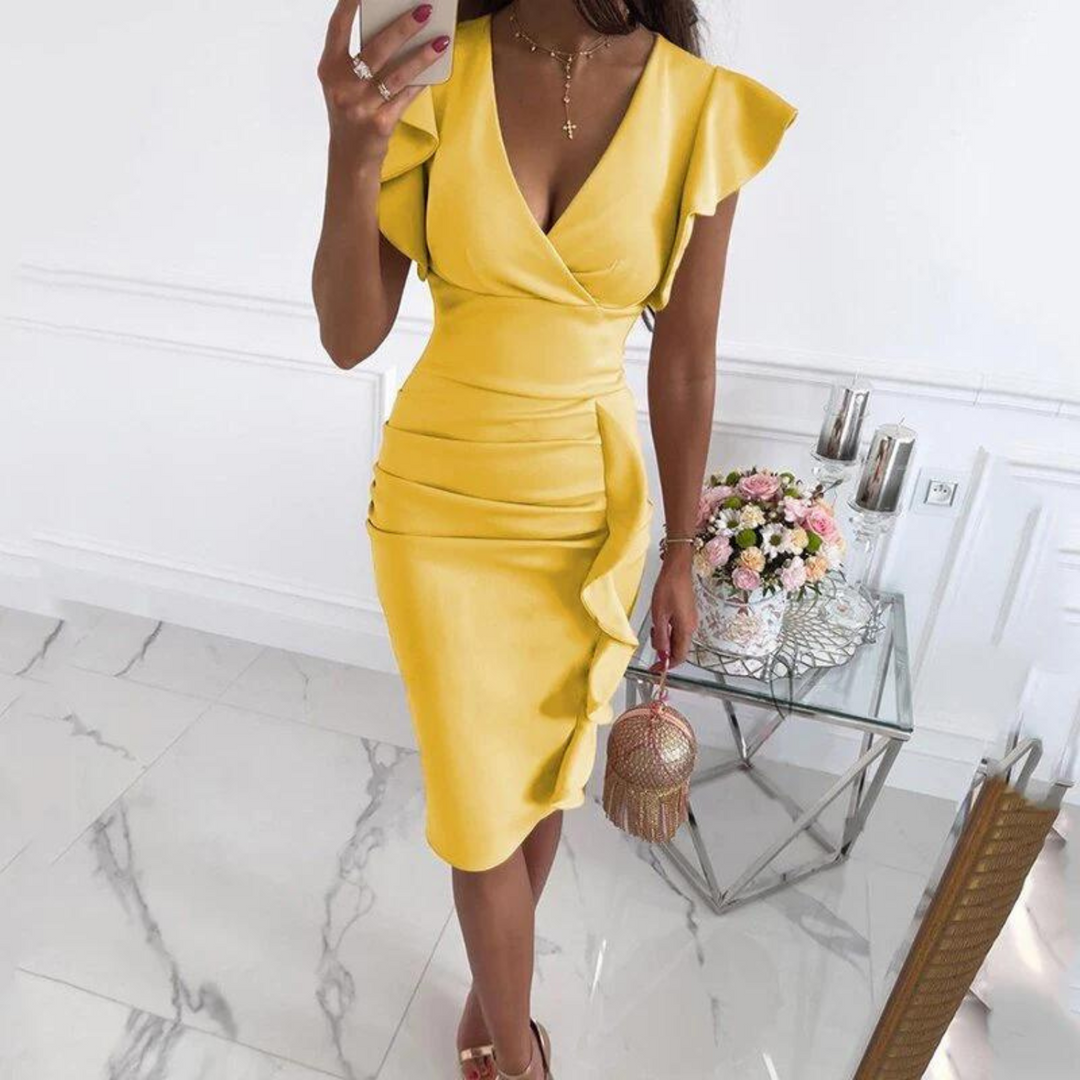 Stylish V-Neck Dress with Pleated Sleeves - Maud-Yellow-S-Nora Luxe