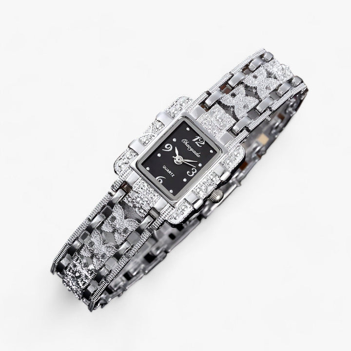Stylish Watch with Rectangular Dial and Crystals - Camille-Black-Nora Luxe