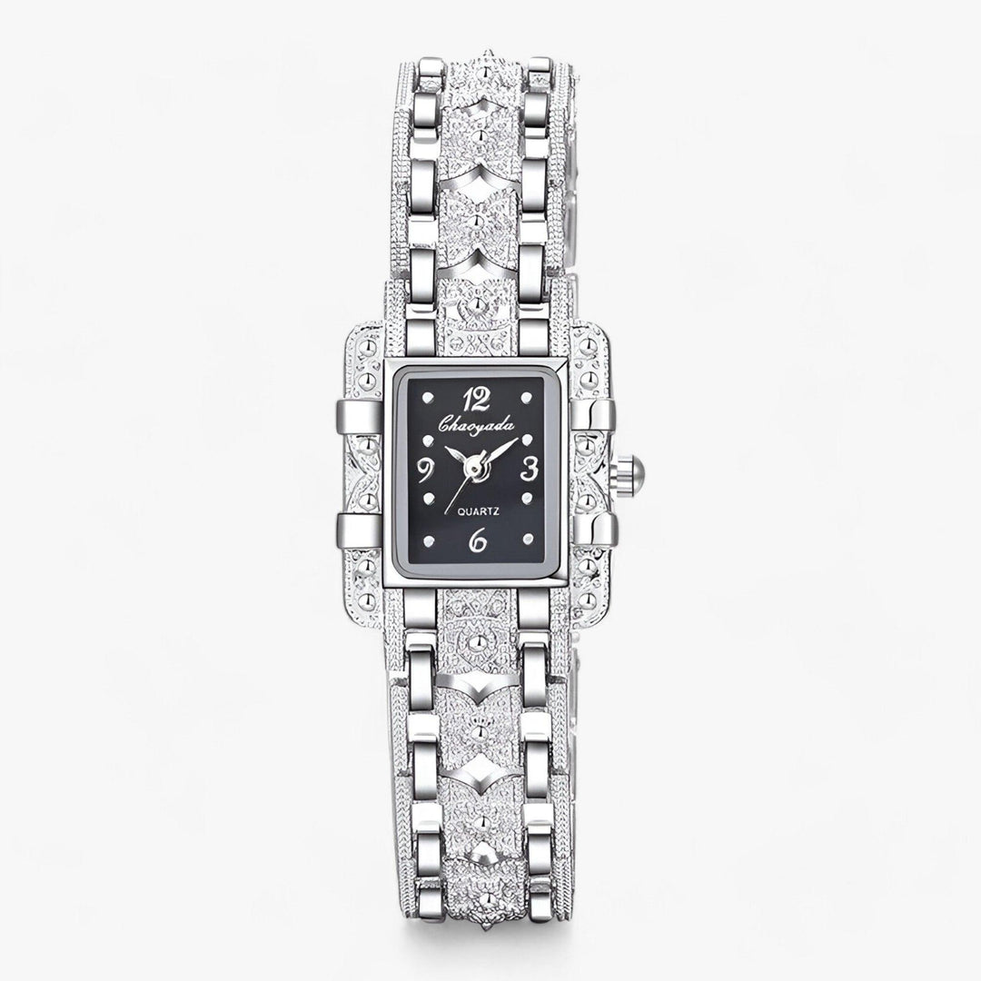 Stylish Watch with Rectangular Dial and Crystals - Camille-Black-Nora Luxe