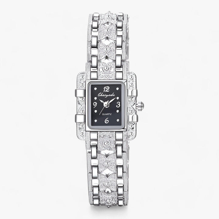 Stylish Watch with Rectangular Dial and Crystals - Camille-Black-Nora Luxe
