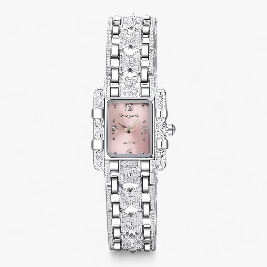 Stylish Watch with Rectangular Dial and Crystals - Camille-Pink-Nora Luxe