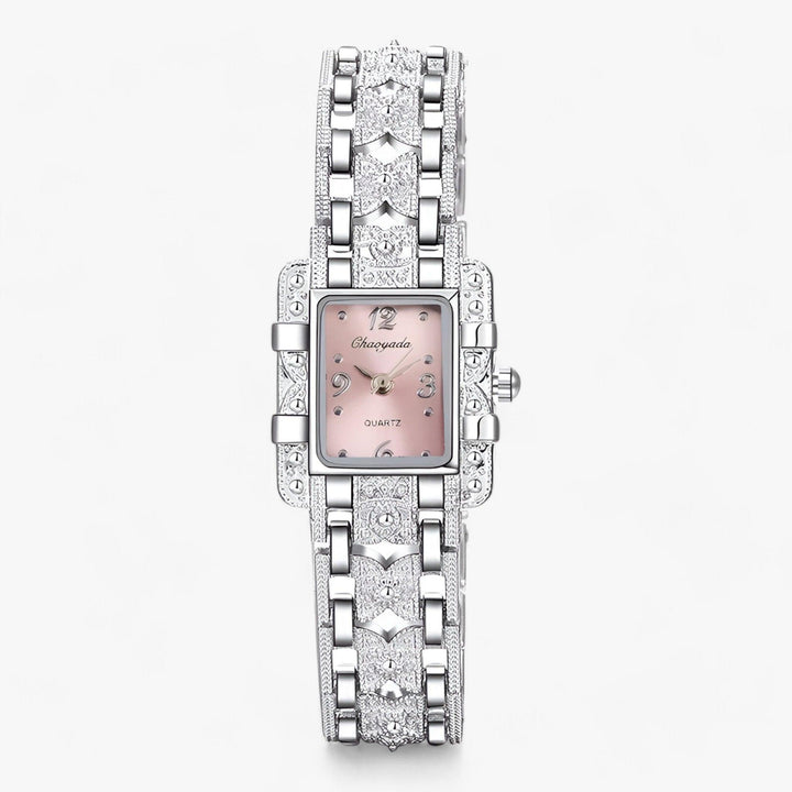 Stylish Watch with Rectangular Dial and Crystals - Camille-Pink-Nora Luxe