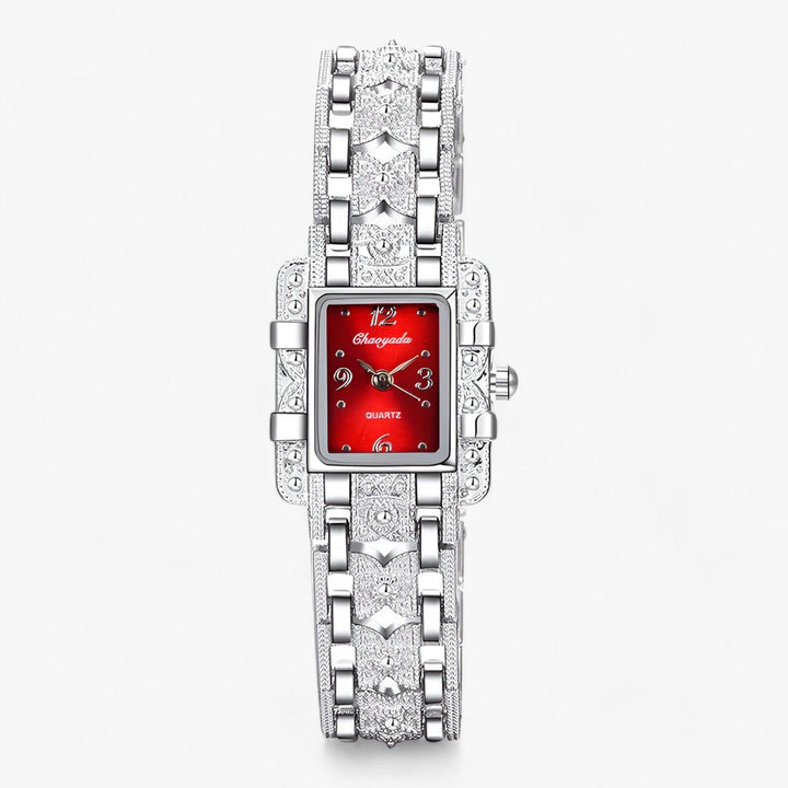 Stylish Watch with Rectangular Dial and Crystals - Camille-Red-Nora Luxe