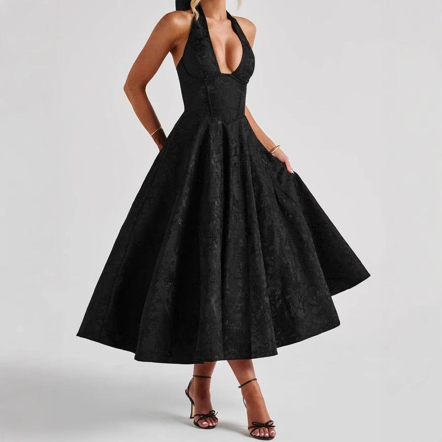 Stylish Women's A-Line Cocktail Dress with Deep V-Neck – Liora-Black-M-Nora Luxe