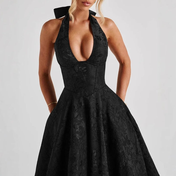 Stylish Women's A-Line Cocktail Dress with Deep V-Neck – Liora-Black-M-Nora Luxe