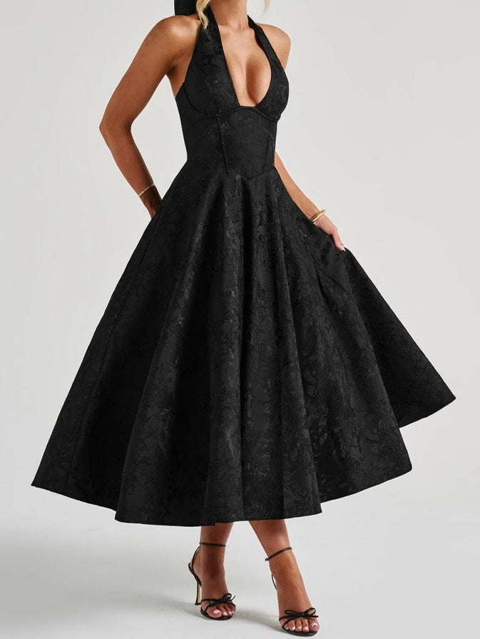 Stylish Women's A-Line Cocktail Dress with Deep V-Neck – Liora-Black-M-Nora Luxe