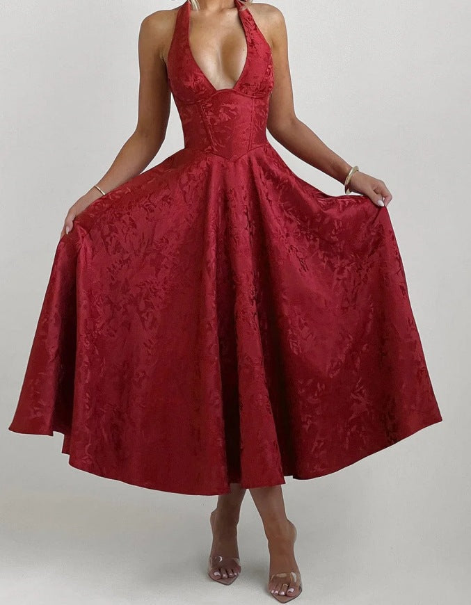 Stylish Women's A-Line Cocktail Dress with Deep V-Neck – Liora-Red-L-Nora Luxe