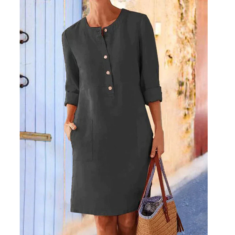 Stylish women's casual dress with pockets & round neckline – Niva-Black-M-Nora Luxe